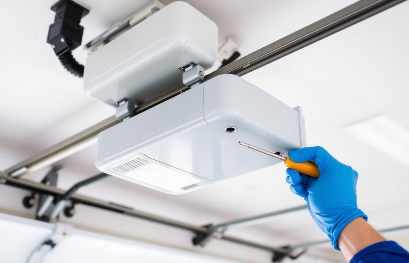 Technician inspecting a ceiling-mounted garage door opener during opener repair in Salisbury, NC