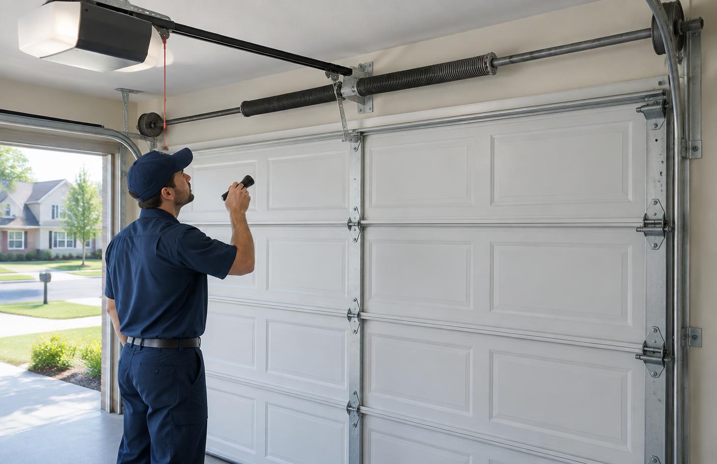 Technician inspecting a garage door that will not open in Salisbury, NC