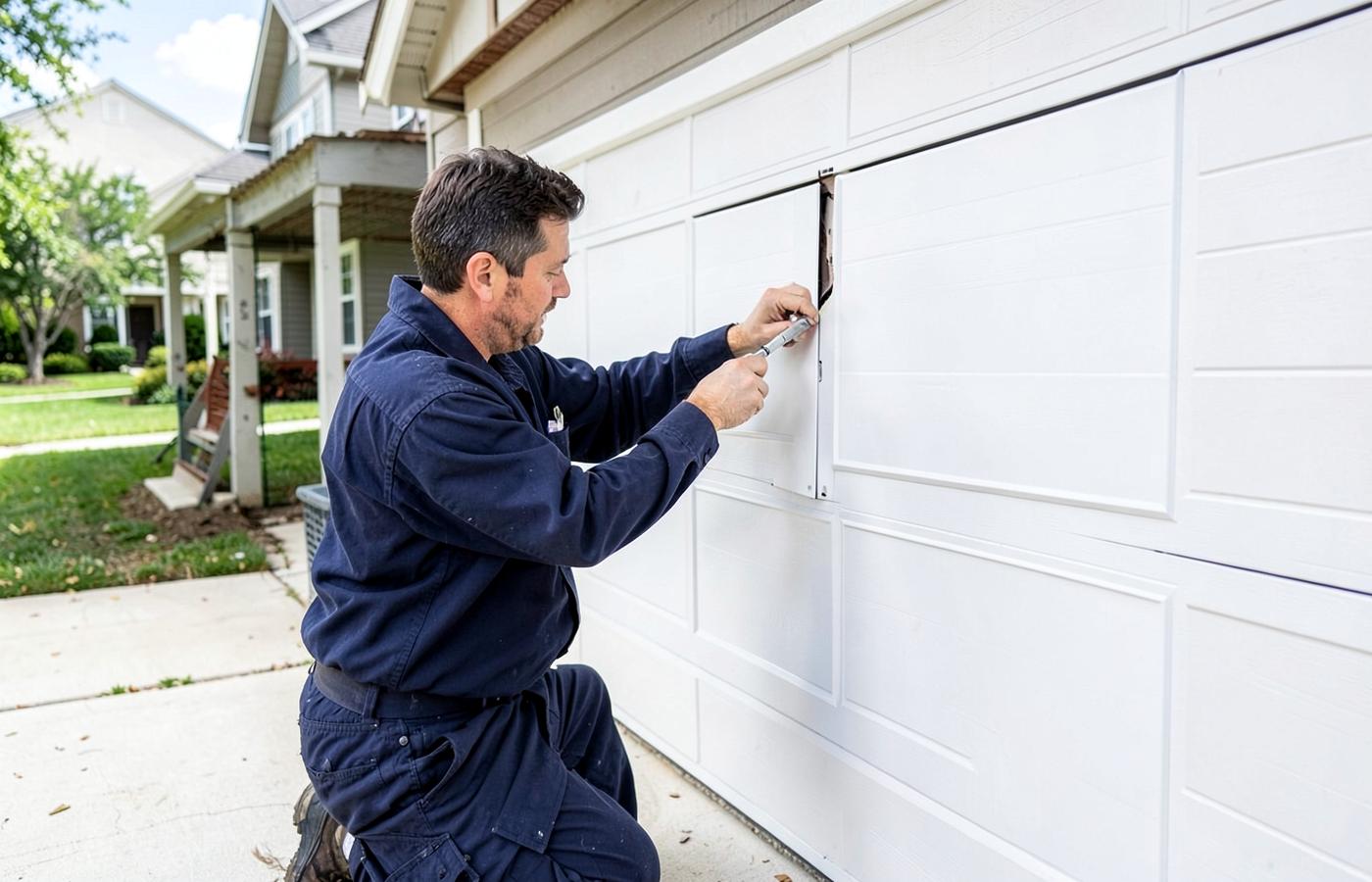 Technician replacing a damaged garage door panel on a home in Salisbury, NC